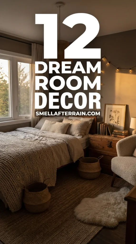 Dream Room Decor: A warm, inviting bedroom space featuring soft layered textiles, amber ambient lighting, and vintage wooden furniture, representing 12 dream room ideas that feel like home.