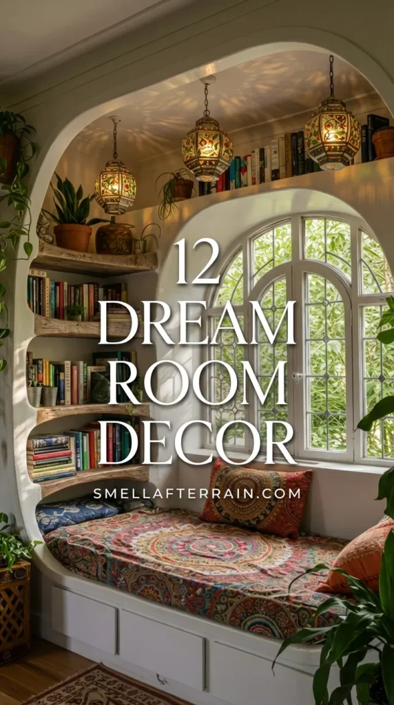 Dream Room Decor: A cozy reading nook featuring a large arched window, white built-in curved bookshelves filled with books, and hanging mosaic lanterns. The daybed has colorful paisley patterned bedding and pillows, surrounded by trailing pothos plants, creating a whimsical bohemian sanctuary.