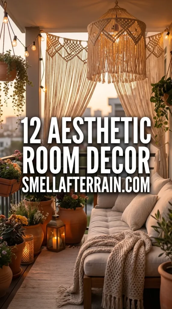 Aesthetic Room Decor: A warm, cozy balcony scene at dusk featuring string lights, hanging greenery, a wooden bench with plush gray cushions, and candles on a small table overlooking city rooftops.
