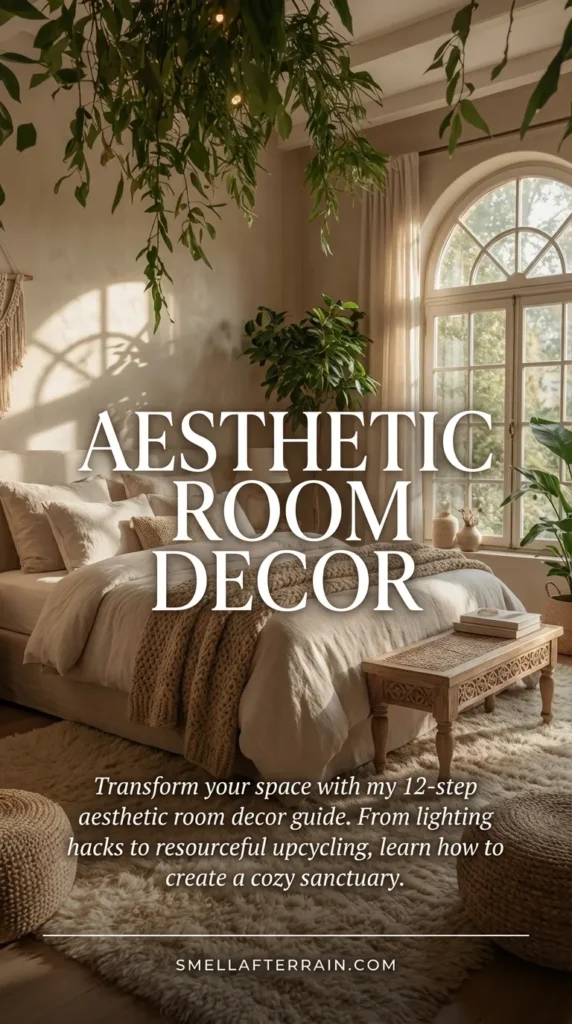 Aesthetic Room Decor: A cozy bohemian bedroom filled with hanging plants, warm string lights, macrame wall art, and rust-colored pillows on a soft bed featuring a large textured rug and woven poufs.