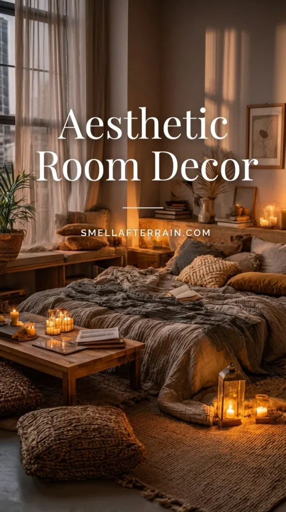 Aesthetic Room Decor: A warm and cozy bedroom scene illuminated by candlelight, featuring a low bed with gray textured bedding, a chunky knit blanket, floor cushions on a jute rug, and a rustic wooden coffee table.