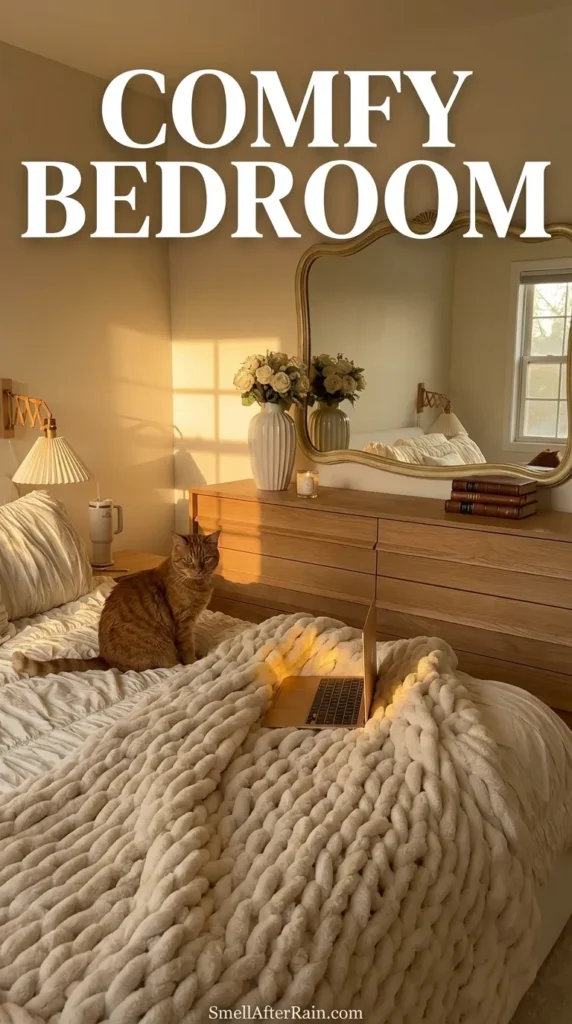 A warm and inviting Comfy Bedroom featuring a plush white bed with textured bedding and a chunky knit throw. An orange tabby cat sits attentively next to an open laptop on the bed. A light wood dresser stands against the wall holding a vase of white roses, a lit candle, and a tissue box, all reflected in a vintage-style wavy mirror. Soft, ambient lighting creates a peaceful atmosphere.