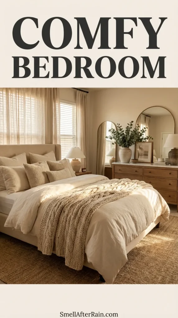 A warm and inviting comfy bedroom scene featuring soft ambient lighting from string lights and candles. The room is decorated with lush indoor plants, climbing vines, and a large monstera. A cozy bed with beige linens sits next to a wooden bench with glowing candles. Large windows show a blue twilight evening outside, contrasting with the golden interior glow.