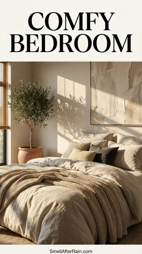 A warm and inviting comfy bedroom scene featuring soft ambient lighting from string lights and candles. The room is decorated with lush indoor plants, climbing vines, and a large monstera. A cozy bed with beige linens sits next to a wooden bench with glowing candles. Large windows show a blue twilight evening outside, contrasting with the golden interior glow.