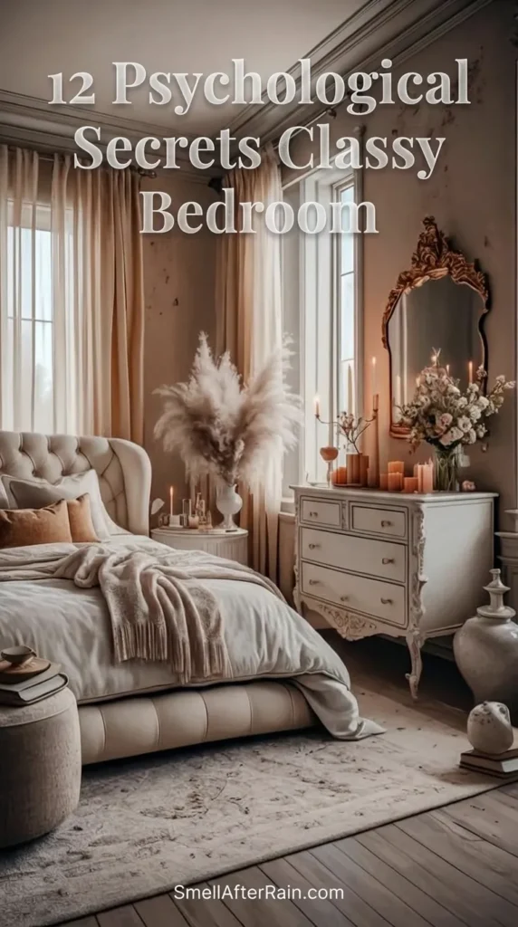 A serene bedroom featuring a beige tufted bed, soft knit throws, and a vintage white dresser topped with candles and pampas grass. An ornate gold mirror hangs on the wall near sheer curtains letting in warm light, embodying the 12 Psychological Secrets Classy Bedroom decor styles for a calming aesthetic.