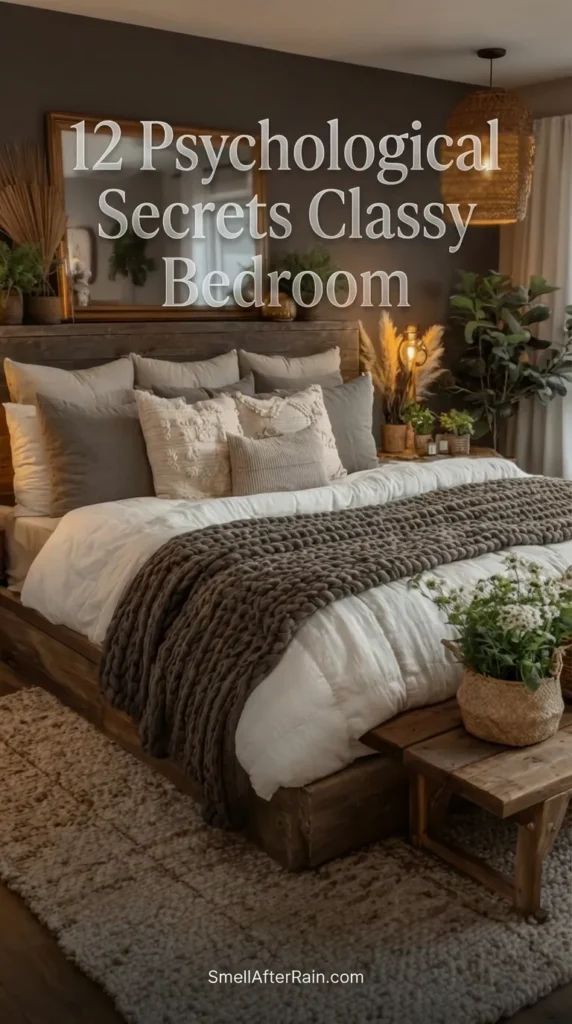 A cozy, rustic modern bedroom featuring a dark grey accent wall and a wooden ledge headboard styled with a large gold mirror and potted plants. The bed is layered with textured white and grey pillows and a heavy chunky knit charcoal throw blanket. A rustic wooden bench sits at the foot of the bed on a textured wool rug. This design exemplifies the 12 Psychological Secrets Classy Bedroom interiors use to create a relaxing atmosphere through warm lighting and natural textures.