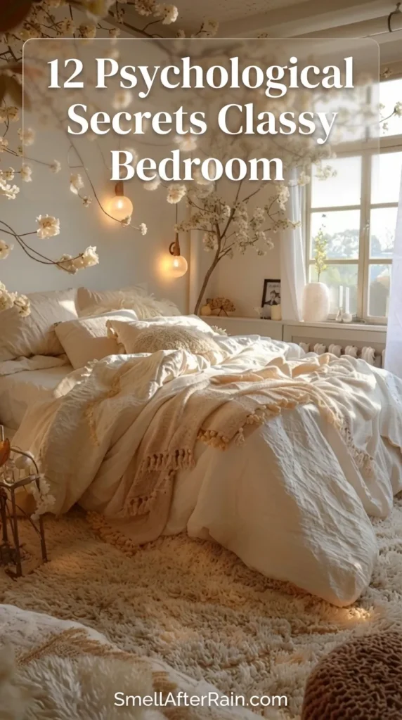 A dreamy, aesthetically pleasing bedroom filled with soft textures, a plush rug, and hanging cherry blossom branches that frame the bed. Warm pendant lights cast a cozy glow near a large window, illustrating the 12 Psychological Secrets Classy Bedroom concepts for creating a calming sanctuary.