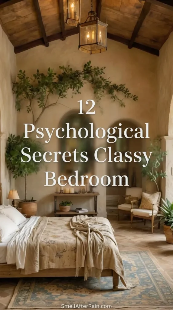 A stunning rustic bedroom featuring high ceilings with exposed wooden beams, arched windows, and a climbing indoor tree, illustrating the 12 Psychological Secrets Classy Bedroom designs use for tranquility. The room features neutral earth tones, hanging lantern lights, soft linen bedding, and potted plants creating a connection to nature.