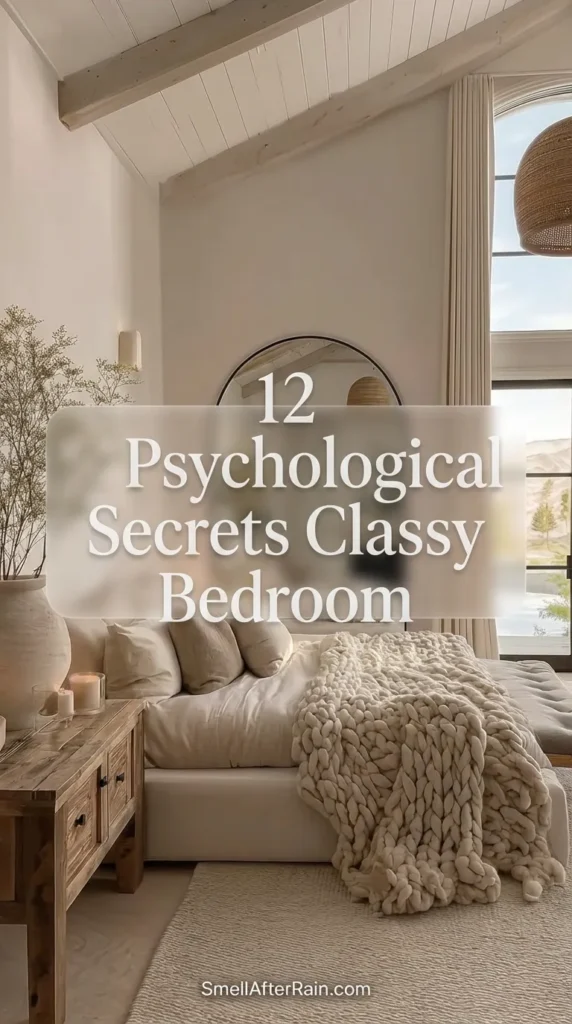 A luxurious, neutral bedroom featuring high beamed ceilings, a large arched floor mirror, and a rustic wooden console with dried botanicals. The bed is layered with linen bedding and a chunky knit throw, illuminated by soft candlelight and a woven pendant lamp. This setting illustrates the 12 Psychological Secrets Classy Bedroom guides recommend for creating a peaceful, elegant sanctuary.