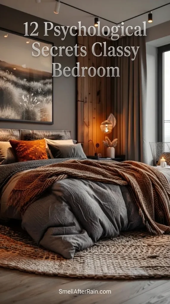 A cozy, modern bedroom featuring dark grey walls, warm vertical wood paneling, and a bed layered with textured grey linens, a rust-orange pillow, and a chunky brown knit throw blanket. Soft pendant lighting creates a warm ambiance, showcasing the 12 Psychological Secrets Classy Bedroom designs utilize for maximum comfort and style.