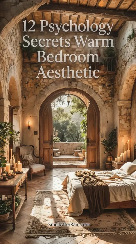 A rustic, cozy bedroom featuring exposed stone walls, high wooden ceilings, and large arched doors opening to a sunlit patio. The room is decorated with potted plants, glowing candles on a wooden console, and neutral bedding, perfectly illustrating the 12 Psychology Secrets Warm Bedroom Aesthetic for a calming sleep environment.