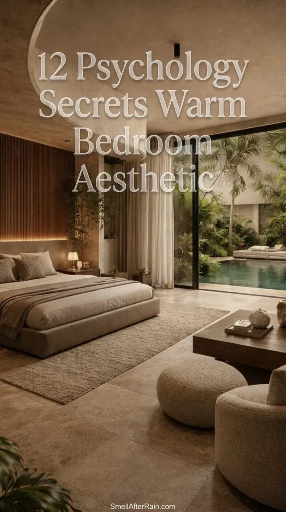 A serene luxury bedroom featuring a textured curved ceiling, wood slat wall, and beige platform bed overlooking a tropical pool, perfectly capturing the 12 Psychology Secrets Warm Bedroom Aesthetic with soft lighting and earth tones.