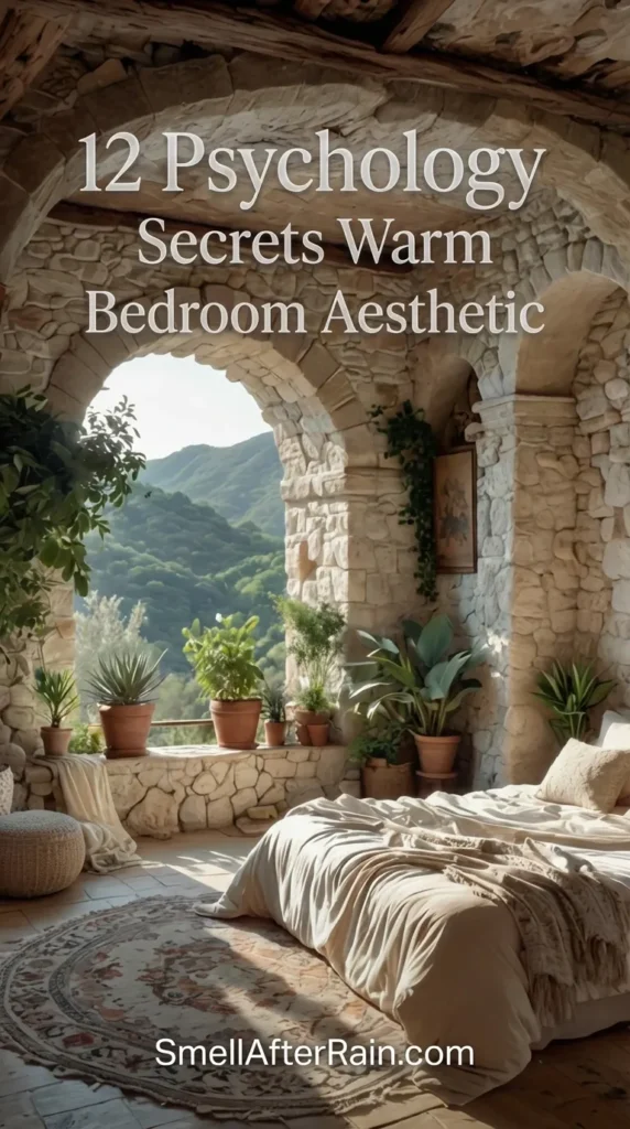 A sun-drenched rustic bedroom featuring natural stone walls and a large arched window overlooking green mountains. The space is filled with lush potted plants and soft beige linens, perfectly embodying the 12 Psychology Secrets Warm Bedroom Aesthetic. Sunlight streams onto a patterned round rug, creating a cozy and restorative sanctuary ideal for relaxation.