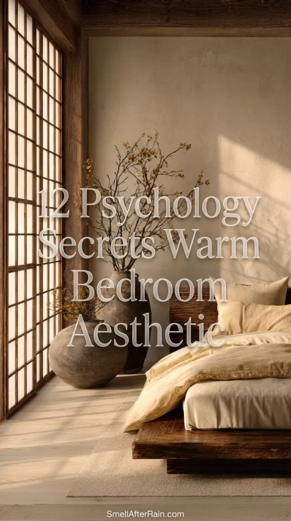 A serene, wabi-sabi inspired bedroom featuring a low wooden platform bed with beige linen bedding. Large rustic clay vases with dried branches sit next to a large shoji-style window. Sunlight casts soft shadows on the textured wall, embodying the 12 Psychology Secrets Warm Bedroom Aesthetic. A perfect example of calm, minimalist interior design for better sleep and relaxation.