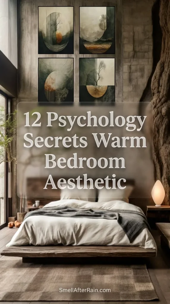 A rustic industrial bedroom featuring a low wooden platform bed with layers of white and grey bedding. The room showcases raw concrete walls, a unique natural tree trunk column, and large windows looking out to greenery. Four abstract artworks hang above the bed, illuminated by a warm floor lamp. This design illustrates the 12 Psychology Secrets Warm Bedroom Aesthetic, blending organic materials with calming tones for a peaceful retreat.