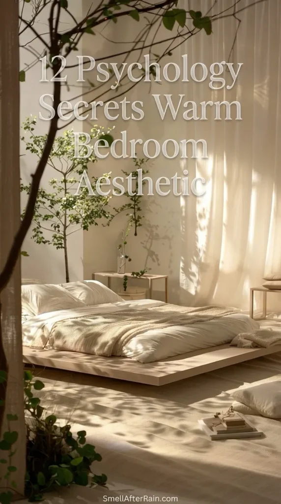 A serene, sun-drenched bedroom featuring a low wooden platform bed with beige bedding and a textured throw. Sheer white curtains filter warm natural light, casting intricate leaf shadows from a tall indoor tree onto the neutral walls. Books and floor cushions add a lived-in feel, perfectly illustrating the 12 Psychology Secrets Warm Bedroom Aesthetic for a cozy, minimalist sleep sanctuary.
