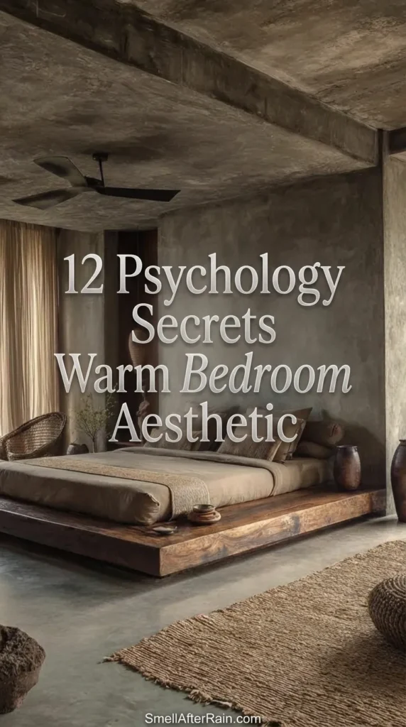 A serene, wabi-sabi style bedroom featuring textured concrete walls and a low wooden platform bed with earth-toned linens. The space visualizes the 12 Psychology Secrets Warm Bedroom Aesthetic through natural materials, including a woven jute rug and rustic ceramic vases. A black ceiling fan hangs above, complementing the moody, modern luxury atmosphere.