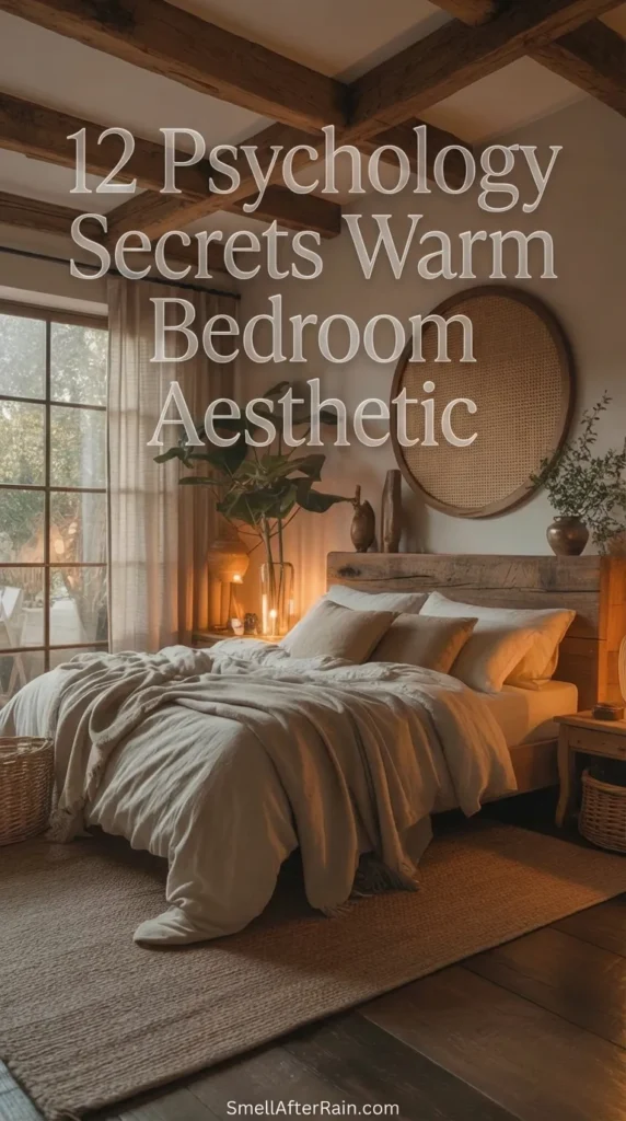 A cozy master bedroom featuring exposed wooden ceiling beams and soft beige linen bedding, illustrating the 12 Psychology Secrets Warm Bedroom Aesthetic. The space includes a large round rattan wall hanging, a warm amber table lamp, and a large window viewing a garden, creating a perfect modern rustic sanctuary.