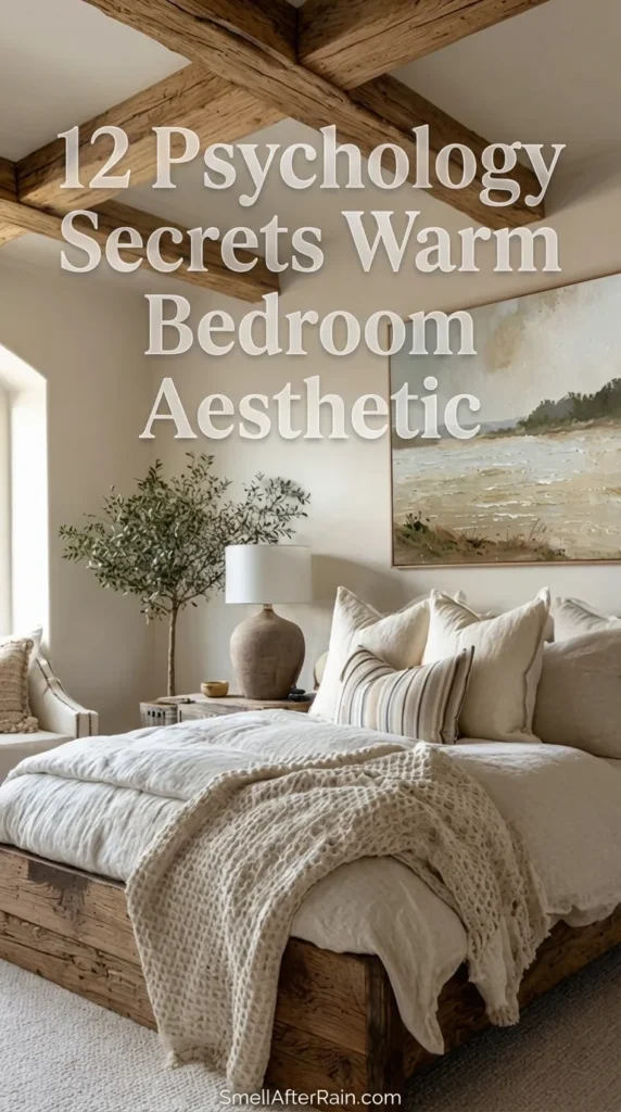 A serene, rustic modern bedroom featuring exposed wooden ceiling beams and a reclaimed wood bed frame layered with textured cream bedding. An olive tree adds greenery next to a landscape painting, perfectly illustrating the 12 Psychology Secrets Warm Bedroom Aesthetic for a calming and luxurious sleep environment.