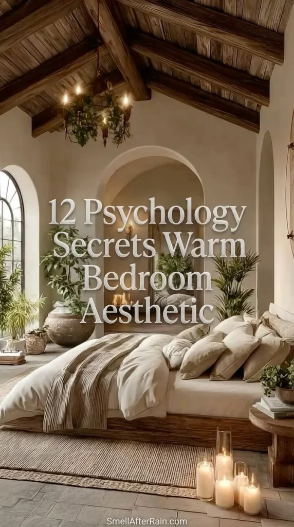 A cozy, high-ceiling bedroom featuring exposed wooden beams and a large arched doorway. The space includes a low wooden bed with neutral linens, large potted plants, and glowing floor candles, perfectly illustrating the 12 Psychology Secrets Warm Bedroom Aesthetic for a calming modern rustic design.

