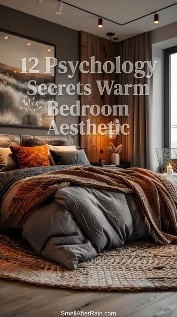 A cozy modern bedroom featuring dark grey walls and warm amber lighting, demonstrating the 12 Psychology Secrets Warm Bedroom Aesthetic. The bed features textured orange pillows, a thick brown knit blanket, and a large round jute rug.