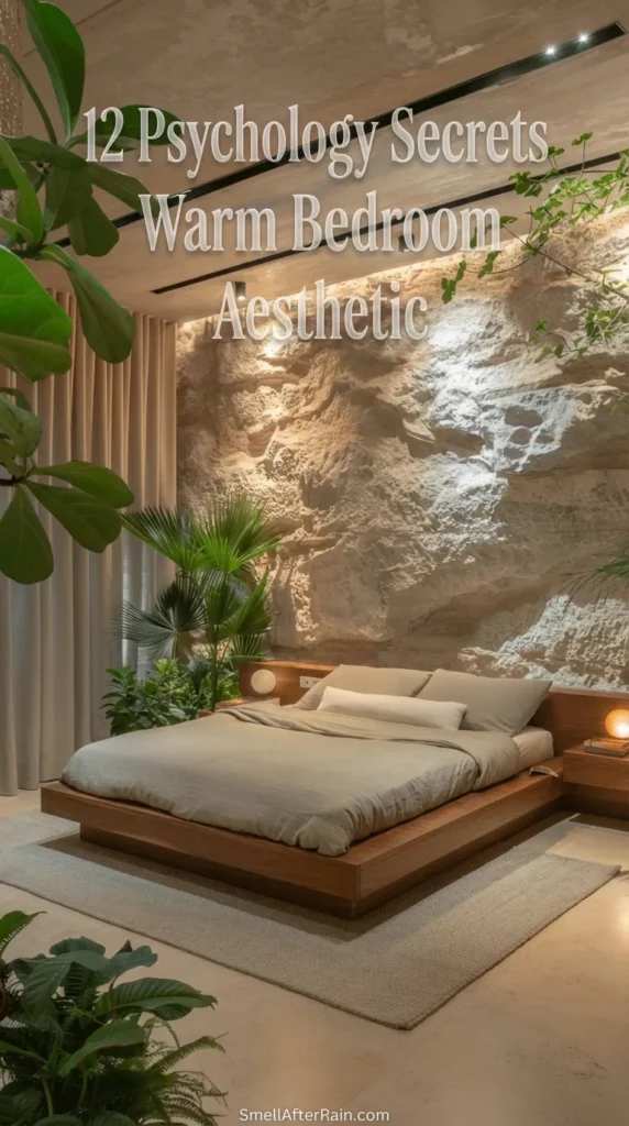 A serene bedroom featuring a massive textured raw stone wall illuminated by warm track lighting. A low wooden platform bed with beige linens sits centrally, surrounded by lush green indoor plants like palms and fiddle leaf figs. This design exemplifies the 12 Psychology Secrets Warm Bedroom Aesthetic, showing how nature and earth tones create a calm, restorative sanctuary for better sleep and relaxation.