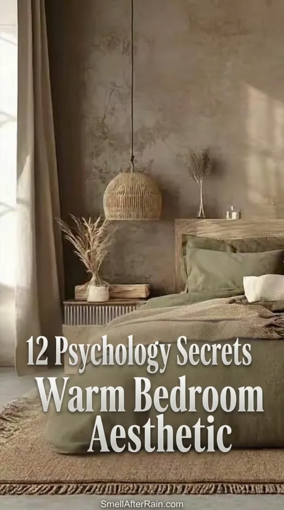 A cozy bedroom featuring olive green linen bedding and textured beige walls, illustrating the 12 Psychology Secrets Warm Bedroom Aesthetic. The room includes a woven rattan pendant light, a rustic wooden headboard, and dried pampas grass decor, creating a calm and grounding atmosphere suitable for a restorative sleep sanctuary.