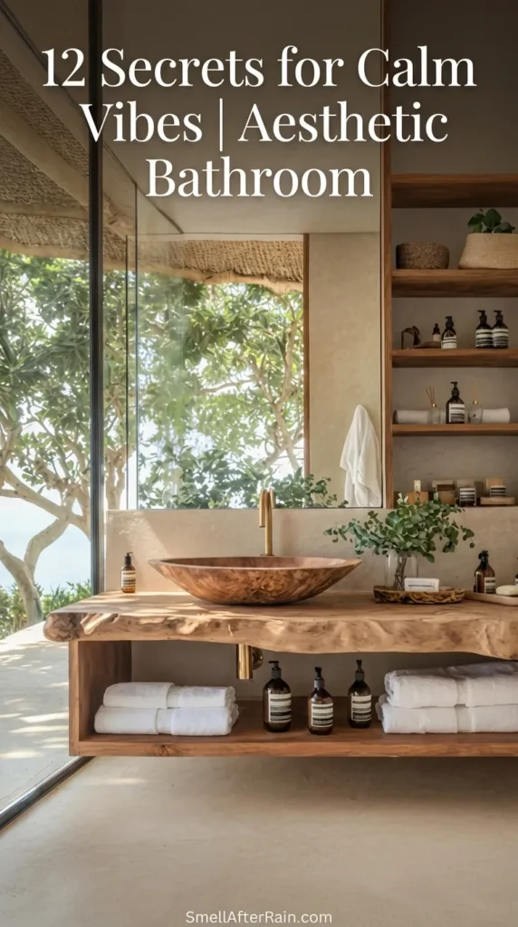 A serene, nature-inspired bathroom featuring a rustic live-edge wooden vanity and stone vessel sink. Open shelving displays organized luxury toiletries and woven baskets next to a large mirror reflecting lush green trees outside. Ideally styled to represent 12 Secrets for Calm Vibes | Aesthetic Bathroom design, creating a cozy, earth-tone sanctuary perfect for relaxation and mental wellness.