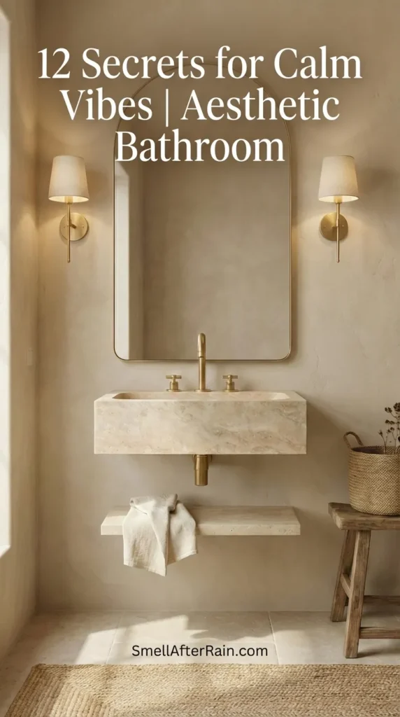 A serene, monochromatic bathroom featuring a floating beige stone sink and a large arched mirror with a brass frame. Wall sconces provide warm lighting against textured plaster walls. A rustic wooden stool with a woven basket of dried flowers sits on a natural jute rug. This organic modern design exemplifies the 12 Secrets for Calm Vibes | Aesthetic Bathroom renovation ideas.
