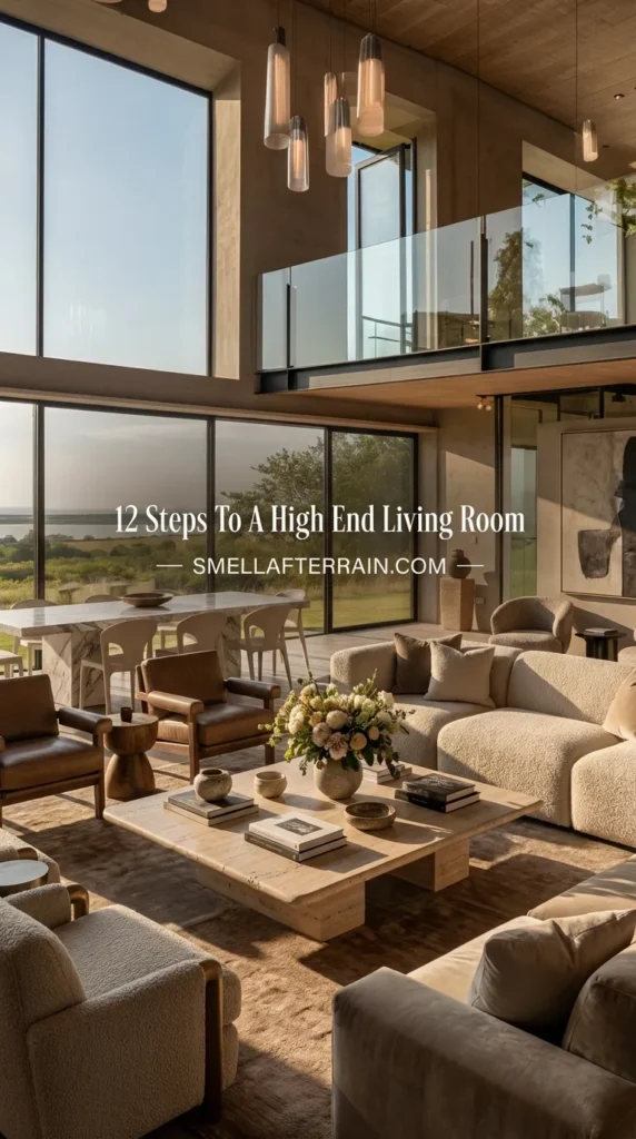 Spacious high end living room with double height ceilings and floor to ceiling windows overlooking a green landscape. Features a neutral beige color palette, a modern sectional sofa, rustic wood coffee table, and a glass mezzanine level. Ideal for luxury interior design inspiration.