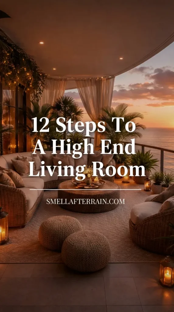 Luxurious outdoor living room terrace at sunset featuring a curved rattan sofa, beige cushions, floor lanterns, and potted palms. Ocean view background with warm lighting, creating a high-end, old money aesthetic for timeless elegance.