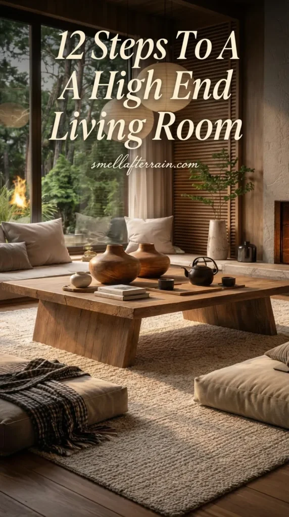 A serene high end living room featuring a low solid wood coffee table, beige floor cushions, and a modern fireplace. Large windows overlook a forest, creating a cozy organic modern atmosphere with paper lantern lighting.