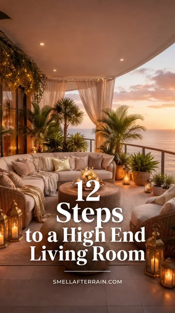 A luxurious outdoor living room balcony at sunset overlooking the ocean. The space features a curved wicker sectional sofa with plush beige cushions, a large woven round coffee table, and textured poufs. Warm ambient lighting from floor lanterns and string lights illuminates the cozy, high-end decor, framed by flowing white curtains and tropical plants.