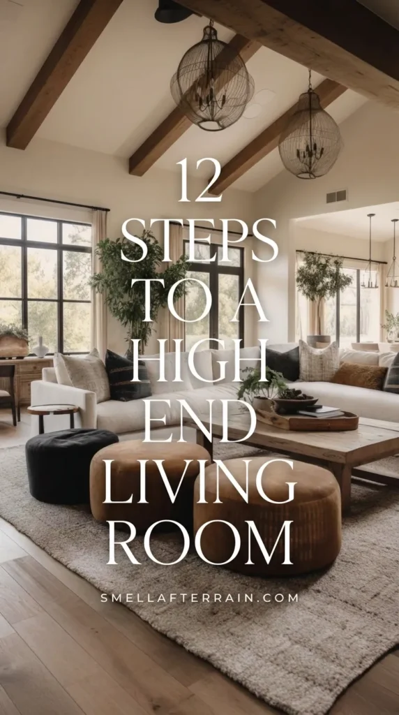 A spacious, high-end living room featuring soaring vaulted ceilings with exposed rustic wood beams. A large neutral sectional sofa sits on a textured rug, complemented by round brown leather ottomans and a reclaimed wood coffee table. Large black-framed windows let in natural light, illuminating the organic modern decor. Wire pendant lights hang above.