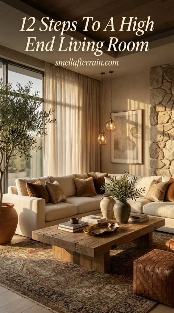A high end living room design featuring a floor-to-ceiling rustic stone column, dark wood ceiling beams, and rattan pendant lights. A low-profile beige sectional sofa is paired with woven poufs and a reclaimed wood coffee table. Large windows provide natural light, highlighting organic textures and pampas grass arrangements. Aesthetic: Organic modern luxury.