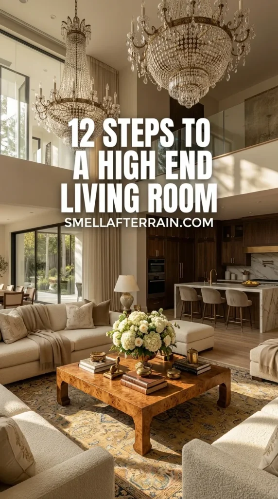 Stunning high-end living room featuring double-height ceilings, large modern circular chandeliers, and a neutral color palette. The space includes plush cream sofas, a large dark wood coffee table with metallic decor, and an open-concept view into a luxury kitchen with dark cabinetry. Perfect example of Old Money aesthetic and timeless interior design.