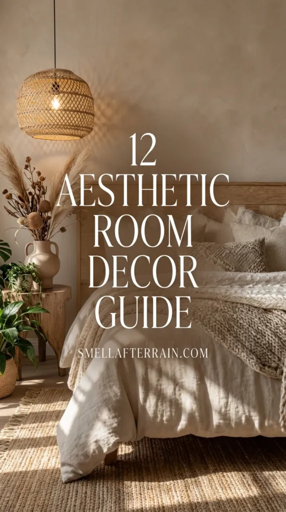 Aesthetic Room Decor: A cozy bedroom featuring a light wooden headboard, textured white bedding, and a chunky knit throw. Accented with black patterned pillows, a woven rattan pendant light, and dried botanicals in a vase for a warm, neutral boho look.