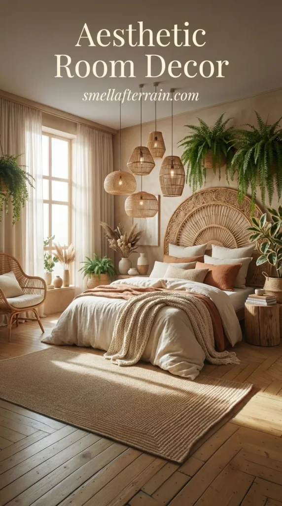 Aesthetic Room Decor: A cozy, sunlit bedroom featuring a large arched rattan headboard, three hanging woven pendant lights, neutral beige linen bedding, a textured jute rug, and lush green indoor plants.