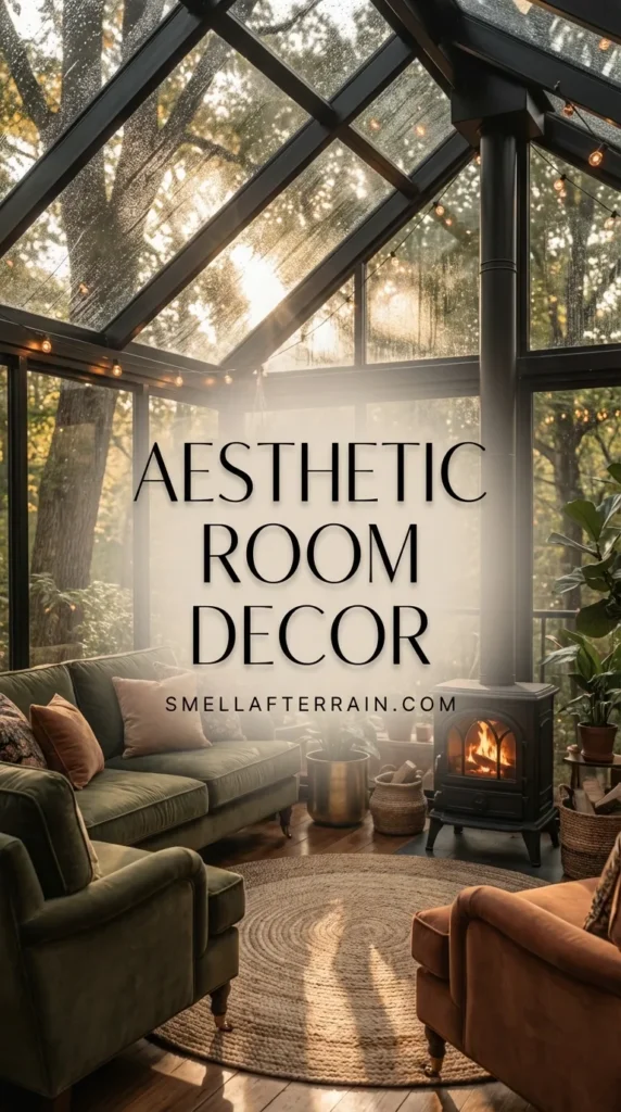 Aesthetic Room Decor: A moody glass-walled sunroom featuring a black sofa, a warm wood-burning stove, shelves filled with lush plants, patterned rugs, and string lights overlooking a forest.