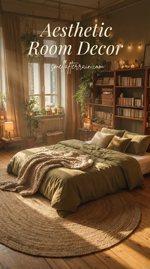Aesthetic Room Decor: A cozy, dimly lit bedroom featuring a low bed with sage green linens and a rust-colored chunky knit blanket. Fairy lights drape across the ceiling and bookshelf, casting a warm glow on hanging plants, wooden floors, and a textured area rug.