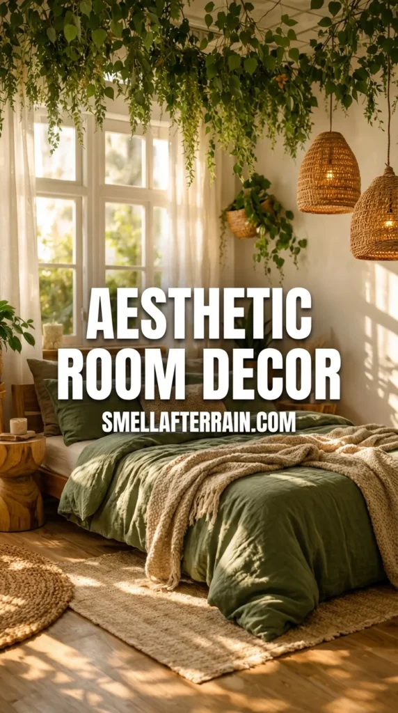 Aesthetic Room Decor: A sunlit bedroom featuring sage green bedding, cascading hanging plants, woven rattan pendant lights, and natural wood accents creating a cozy biophilic design.