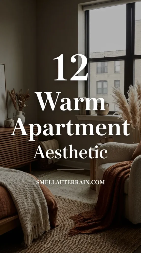 Warm Apartment Aesthetic: Cozy living room featuring earthy tones, layered textured rugs, soft beige throw pillows, and warm ambient lighting creating a relaxing sanctuary vibe.