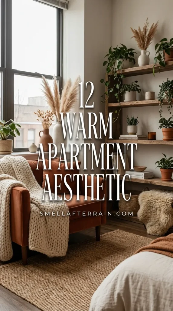 Warm Apartment Aesthetic: A cozy living room featuring earthy tones, soft knit textures, warm ambient lighting, and natural wood accents creating a relaxing sanctuary.