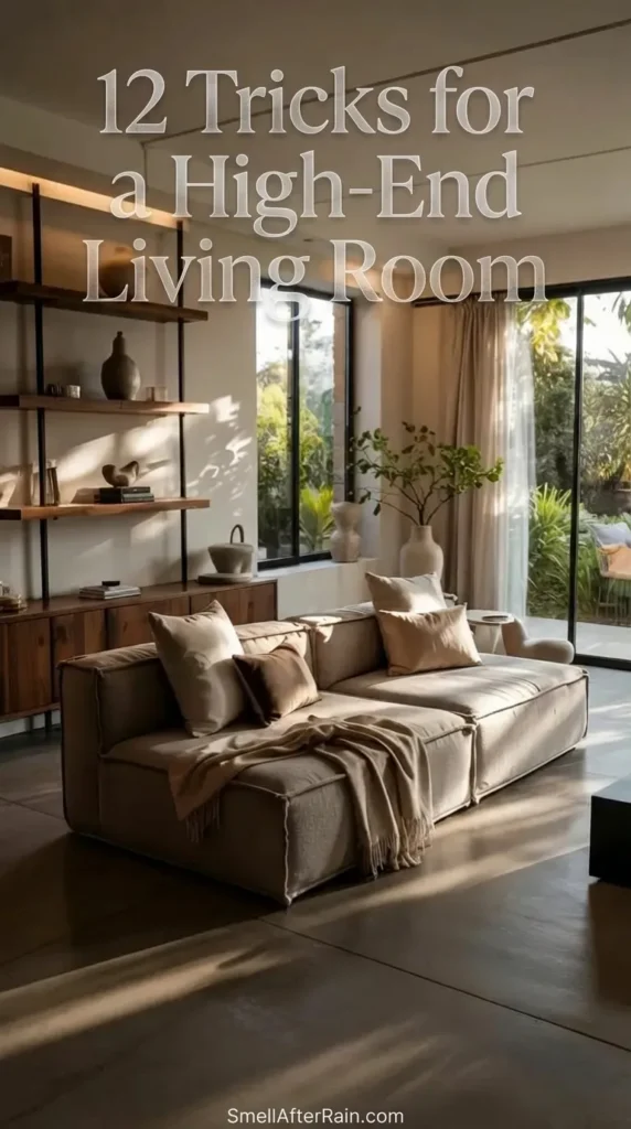 Sunlit contemporary living space featuring a beige modular sofa and minimalist shelving, illustrating 12 Tricks for a High-End Living Room. The room uses neutral earth tones, sunlight, and textural elements like a throw blanket to create a modern elegant look. Perfect inspiration for affordable luxury and interior design makeovers.