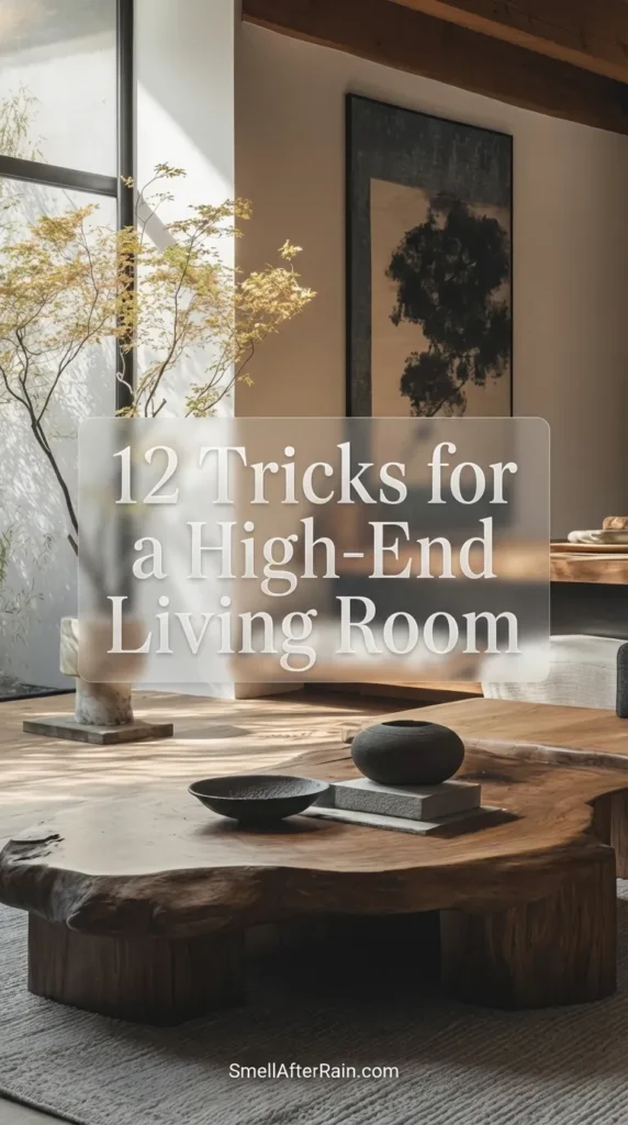 A serene, wabi-sabi inspired living room featuring a large rustic live-edge wooden coffee table holding black ceramic pottery. Sunlight streams through a floor-to-ceiling window illuminating a tall indoor maple tree. Low wooden bench seating with soft neutral cushions lines the wall beneath abstract black art, showcasing 12 Tricks for a High-End Living Room through minimalist, natural textures.