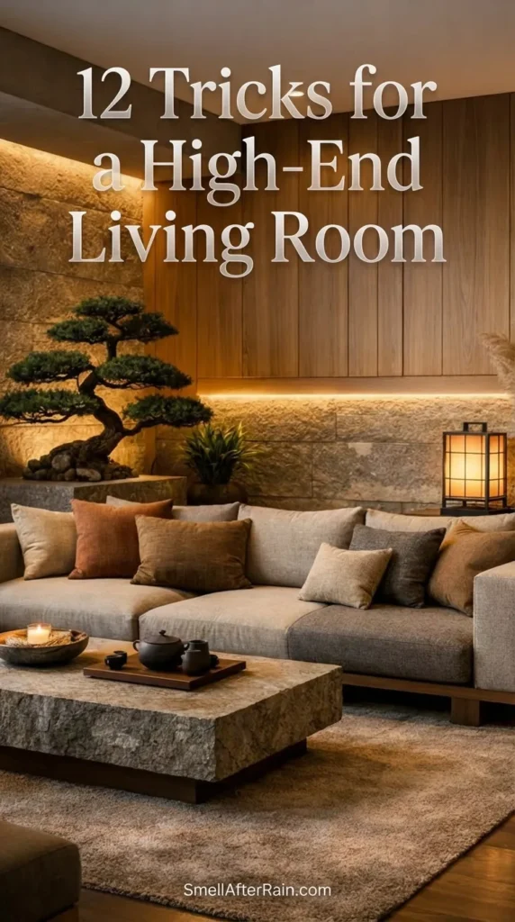 A sophisticated, serene living area featuring a beige sectional sofa, a rough-hewn stone coffee table with a tea set, and a large sculpted bonsai tree. The room showcases a textured stone wall illuminated by warm strip lighting and sleek wood paneling. This scene serves as visual inspiration for 12 Tricks for a High-End Living Room, highlighting contemporary design and affordable luxury aesthetics.