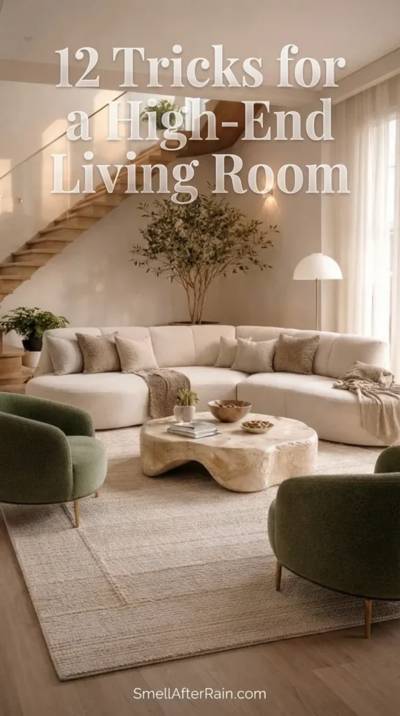 A sun-drenched contemporary living space featuring a curved cream sofa, two moss green velvet armchairs, and a raw stone coffee table on a textured rug. A wooden staircase with glass railing and a large indoor olive tree complete the look, illustrating 12 Tricks for a High-End Living Room.