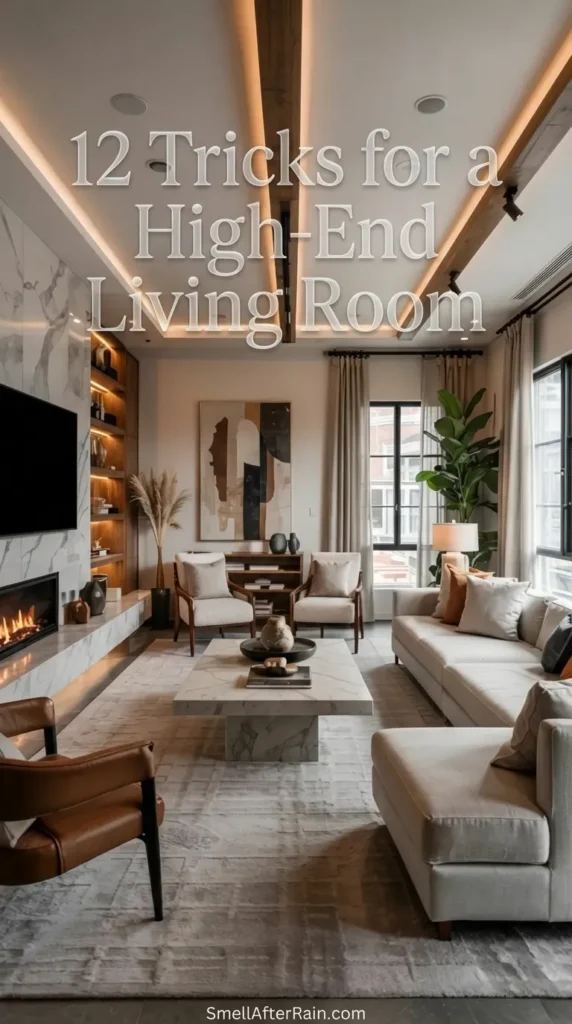 A vertical photo of a luxurious modern lounge space illustrating 12 Tricks for a High-End Living Room. The room features a white marble fireplace wall, built-in shelving with ambient lighting, and wood ceiling beams. A cream sectional sofa pairs with a cognac leather armchair and a marble coffee table. Large windows with beige curtains invite natural light, highlighting the abstract art and contemporary decor that defines this affordable luxury aesthetic.