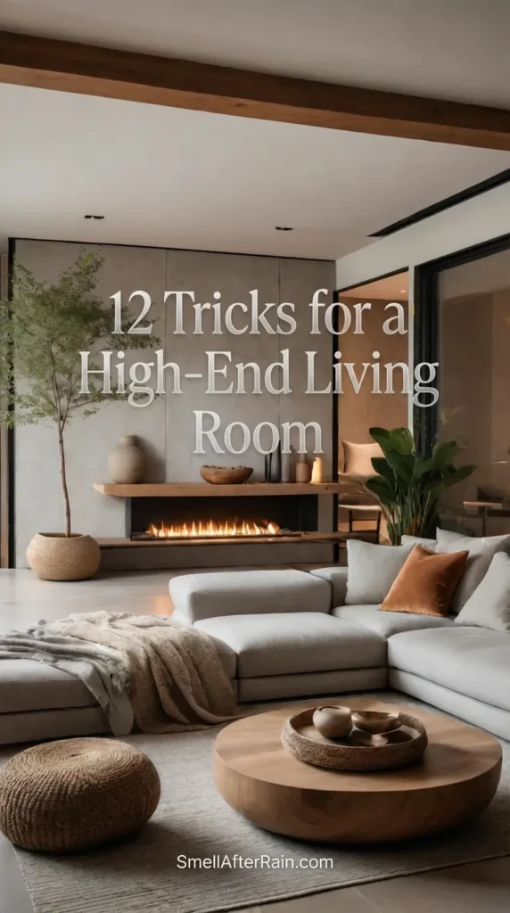 A sophisticated modern living space featuring a grey sectional sofa, round wood coffee table, and a linear fireplace. A large indoor tree sits in the corner by floor-to-ceiling windows. This image illustrates 12 Tricks for a High-End Living Room, showing how contemporary design elements and neutral tones create affordable luxury.