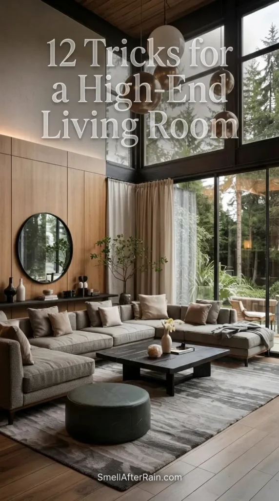 A spacious modern interior with floor-to-ceiling windows and a large grey sectional sofa, demonstrating 12 Tricks for a High-End Living Room. The design features a warm wood slat wall, a round black-framed mirror, and hanging globe lights, perfectly capturing affordable luxury tips for a contemporary elegant home.